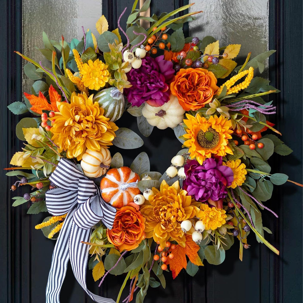 24 Inch Artificial Fall Wreaths for Front Door Outside with Striped Bow