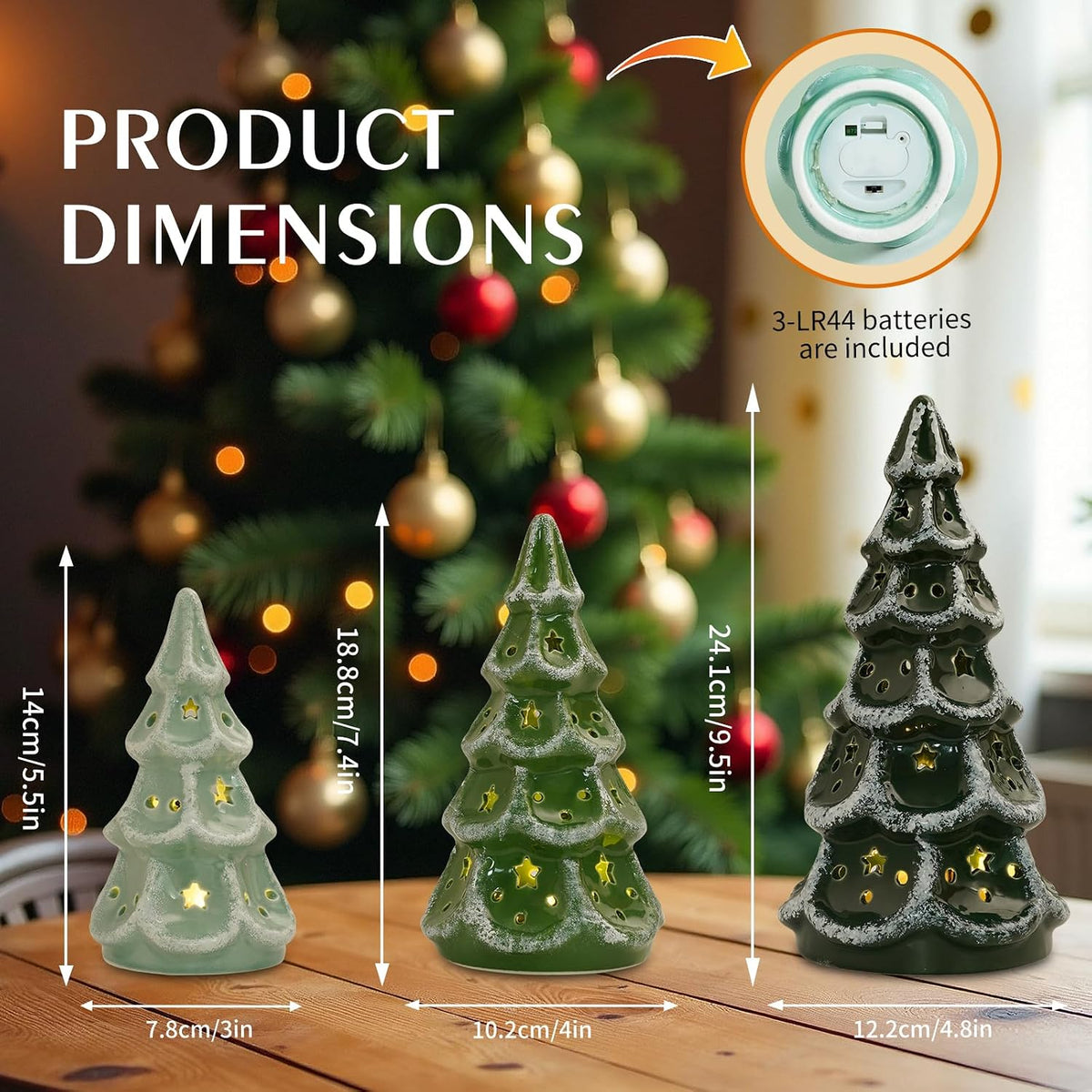 ceramic christmas tree with lights, set of 3 showing dimensions