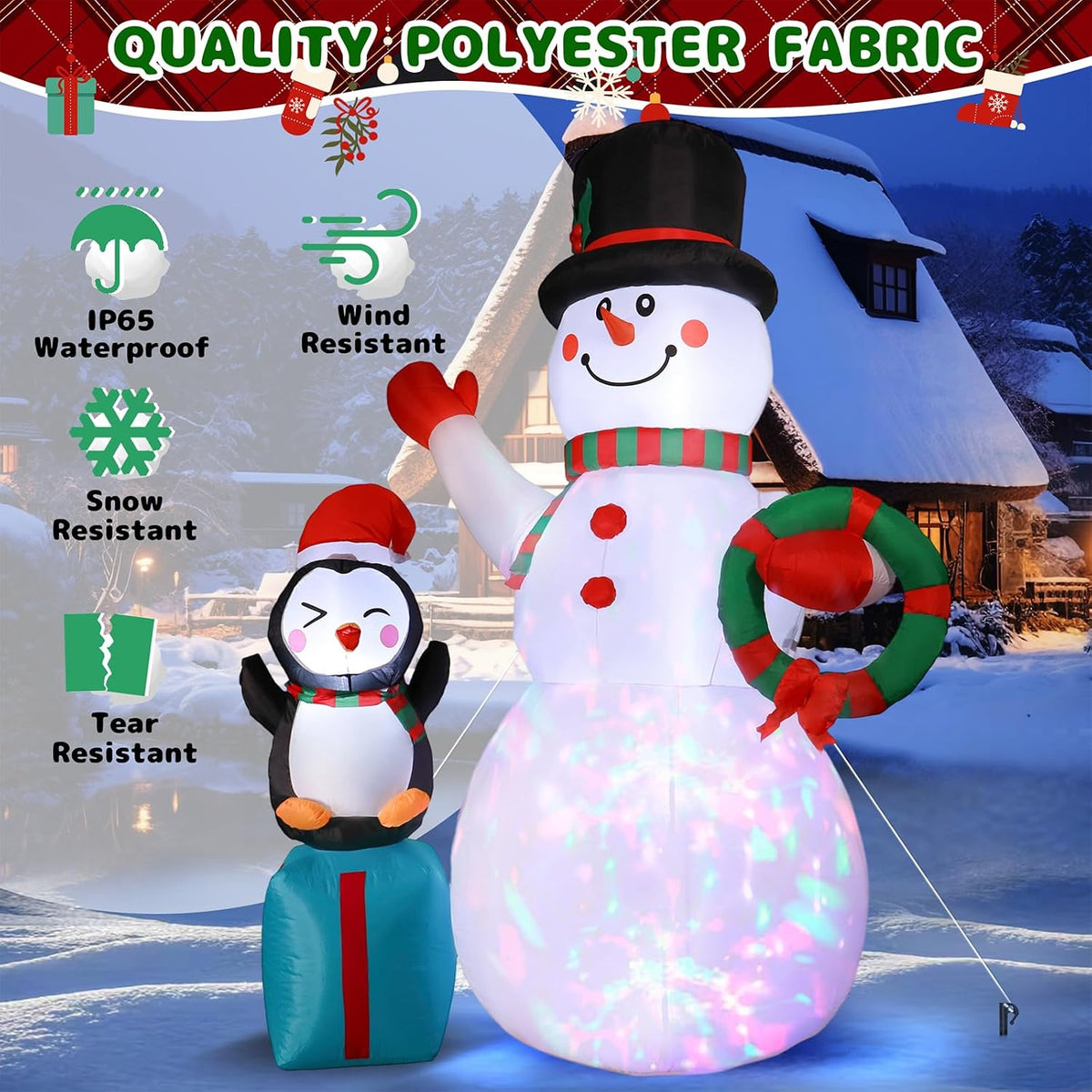 7FT Christmas Snowman Inflatables Decoration with LED Lights, Blow Up Outdoor Decoration for Christmas Party, Holiday Xmas Inflatables Present, Great Decor for Outhouse Lawn Yard Garden
