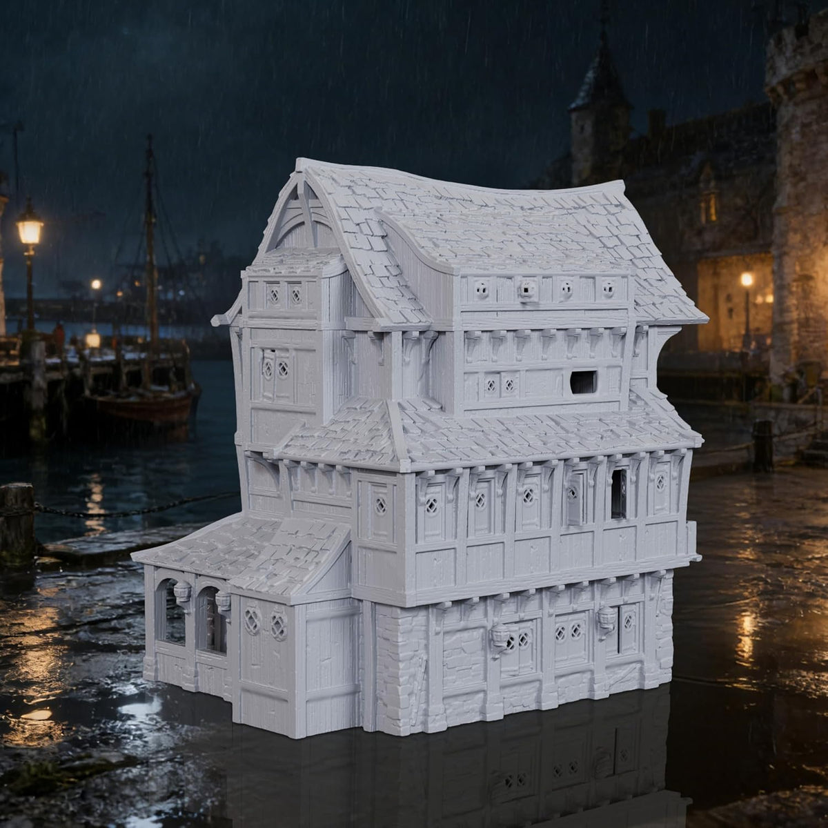 auspdice dnd terrain 25mm unpainted dock building, stone, side view