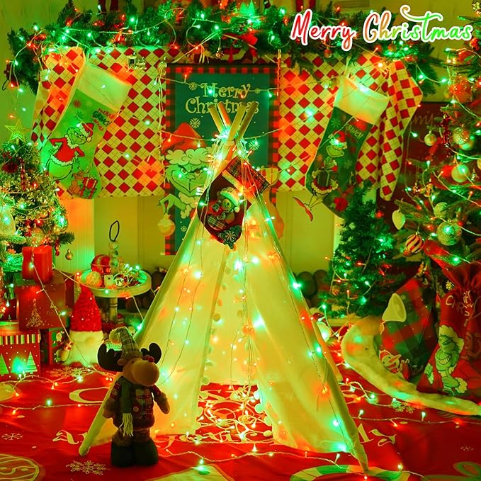 YEGUO 165ft 500 LED Red and Green Christmas Lights Outdoor Waterproof, Clear Wire String Lights Indoor Plug in, 8 Modes Clear Wire Twinkle Tree Light for Xmas Party Garden