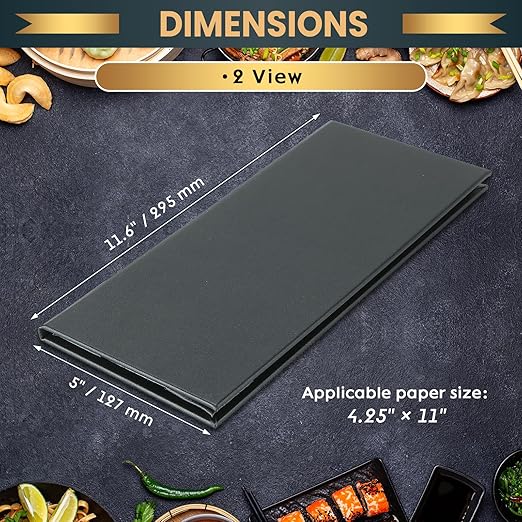 12 Pack 2 View Menu Holder Menu Covers 4.25" x 11" | Black Leather Menu Sleeves Book Style for Restaurant Coffee Bars Wine List