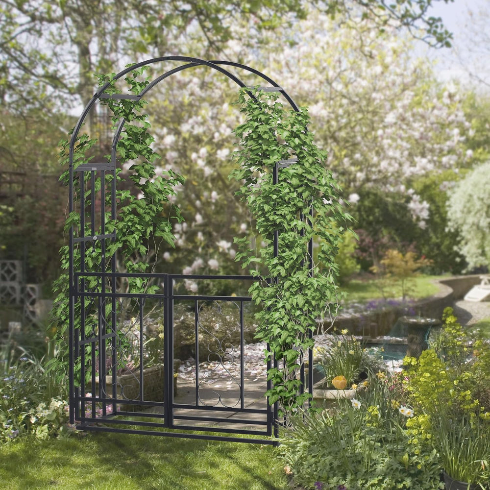 Outsunny 81" Metal Garden Arbor with Double Doors Locking Gate Arch Grey
