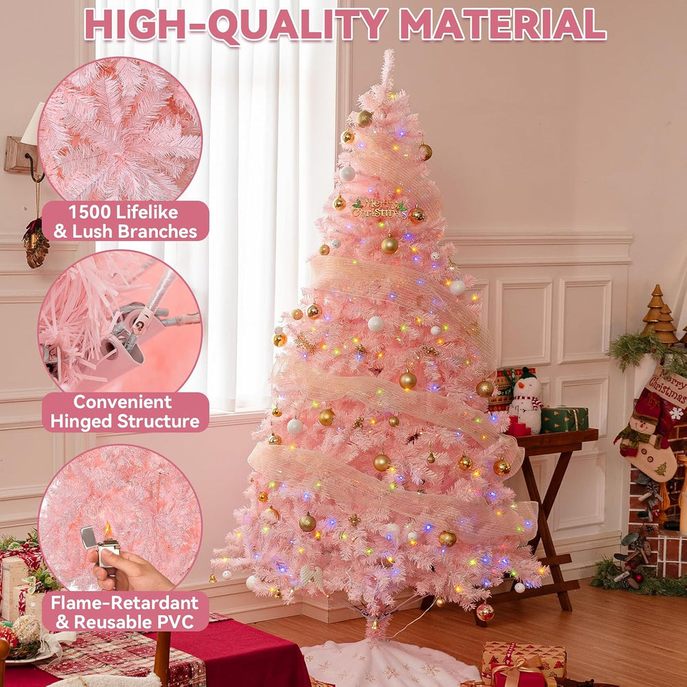 7.5ft Pink Christmas Tree with 600 Warm & Colorful Lights & Storage Bag