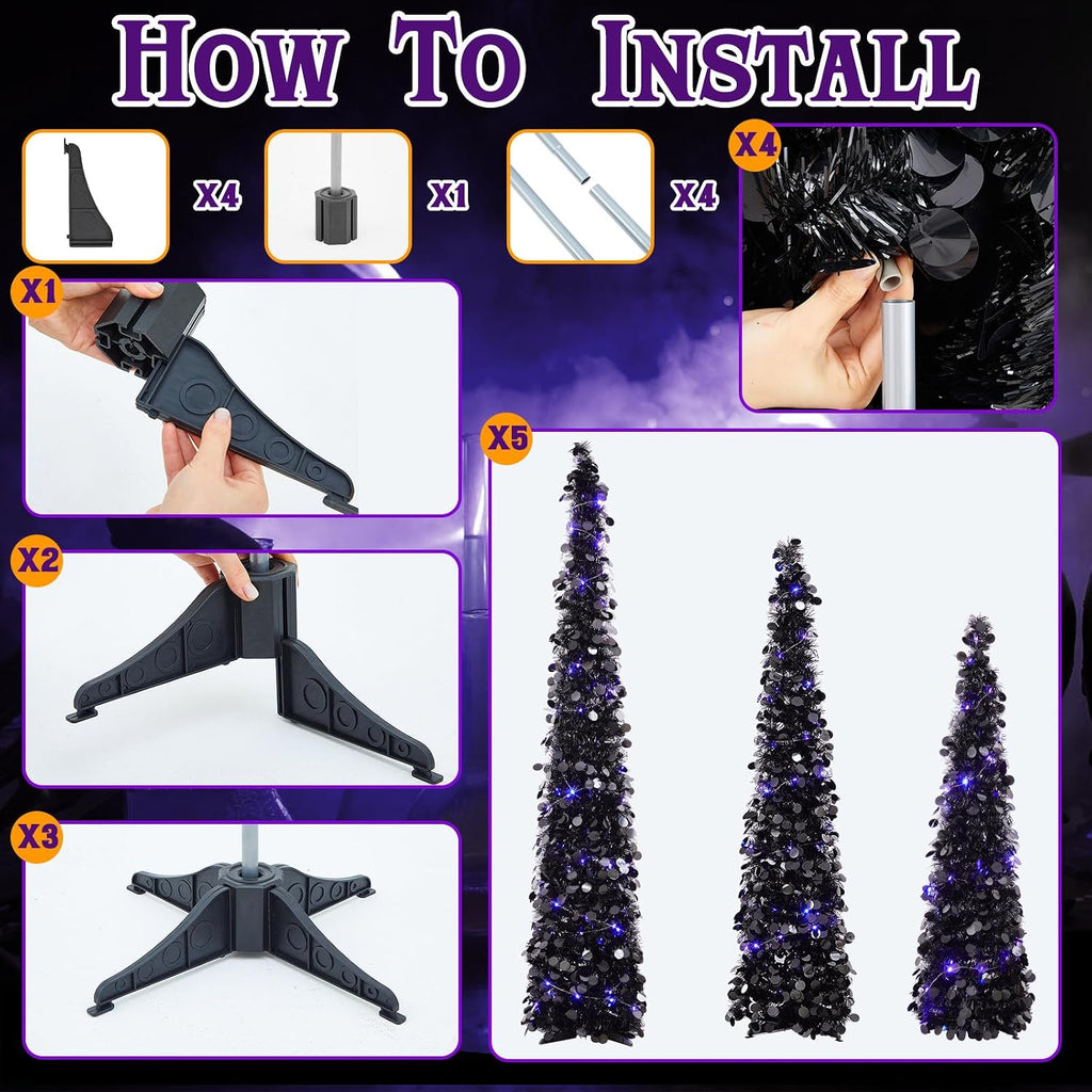 shappy 3 pcs 4/5/6 ft black tinsel halloween, close-up detail