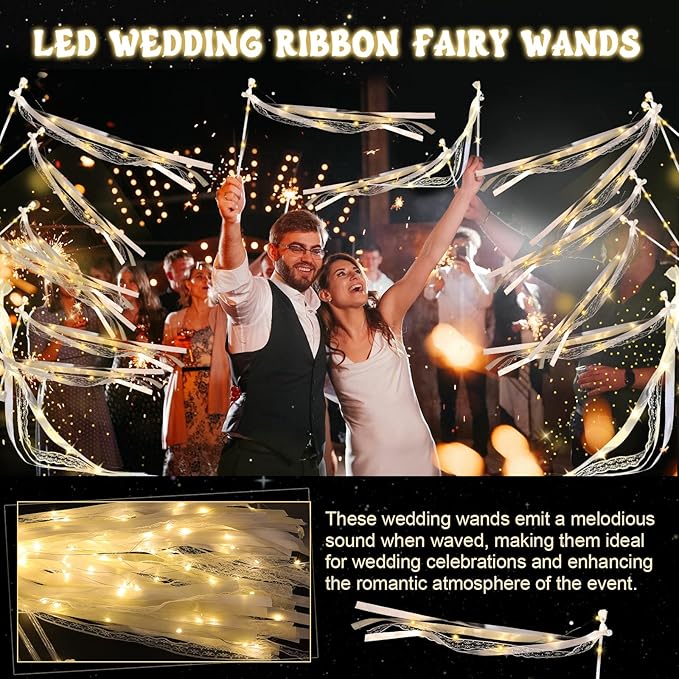 100 Pcs Wedding Wands Ribbon with 3 Colorful Flashing Modes, Light up LED Silk Fairy Wands, Glow Lace Stick with Bells for Wedding Reception, Graduation, New Year, Birthday Party (Warm White)