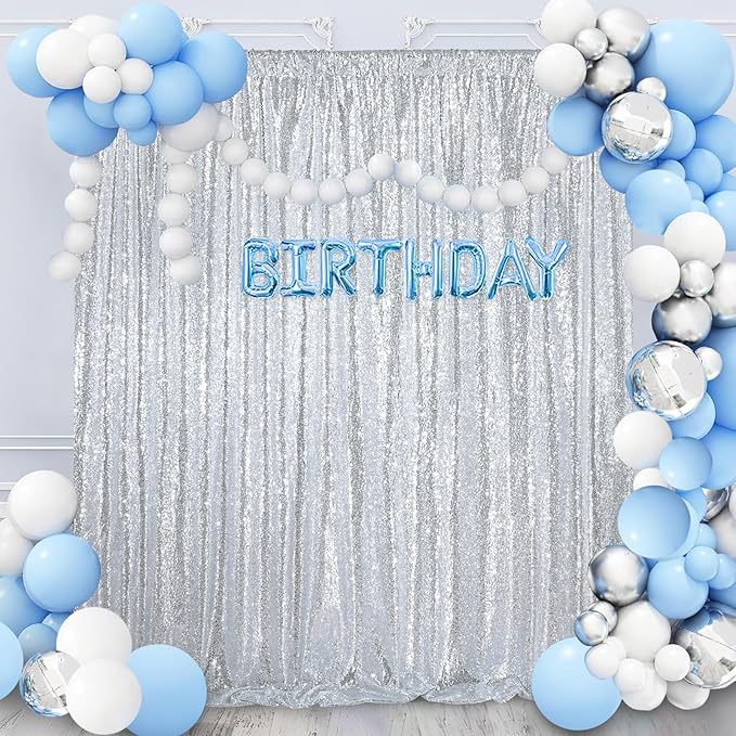 8ft x 8ft Silver Sequin Backdrop Curtain Glitter Photo Booth Backdrop for Wedding Birthday Baby Shower Event Decorations