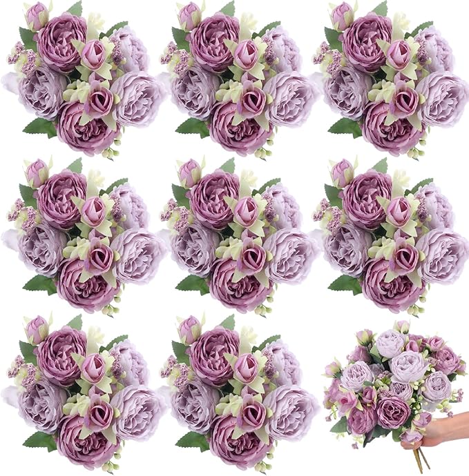 8 Bundles Artificial Peonies Flowers Boho Faux Flowers Arrangements Artificial Centerpiece Spring Bouquet Floral Wedding Decoration for Vase(Purple)