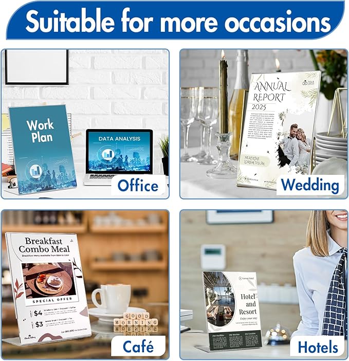 Aheroi Acrylic Sign Holder 8.5 x 11, 30Pcs Plastic Sign Holder 8.5 x 11 Standing, Clear Paper Holders Acrylic Paper Document Holders, Plastic Stands Flyer Display,Office School Table Supplies