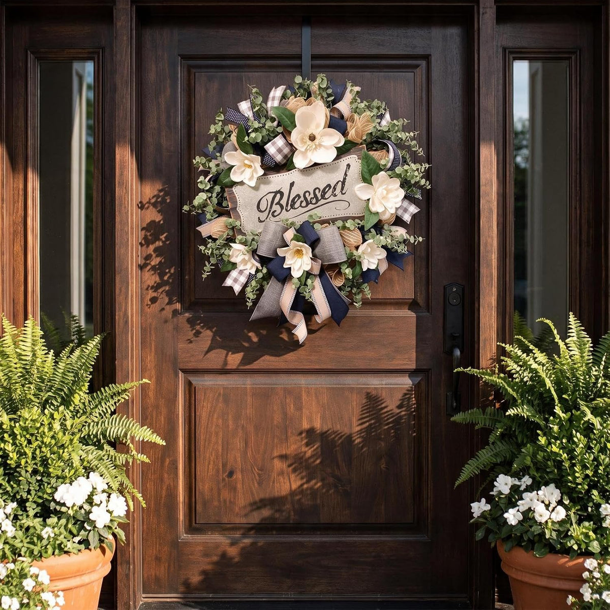 spring summer wreath for front door,farmhouse white floral, close-up detail