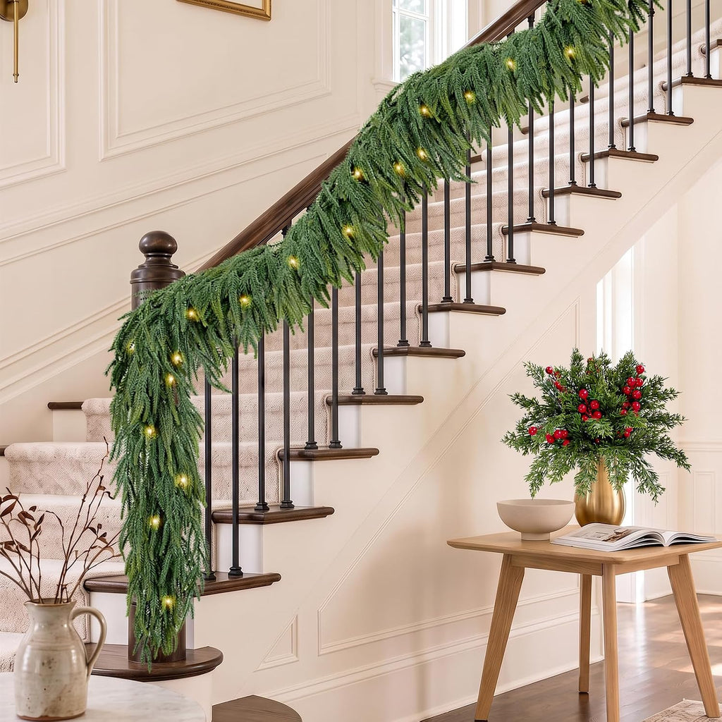 2PCS 9FT Christmas Garland Norfolk Pine Garland with Led Lights
