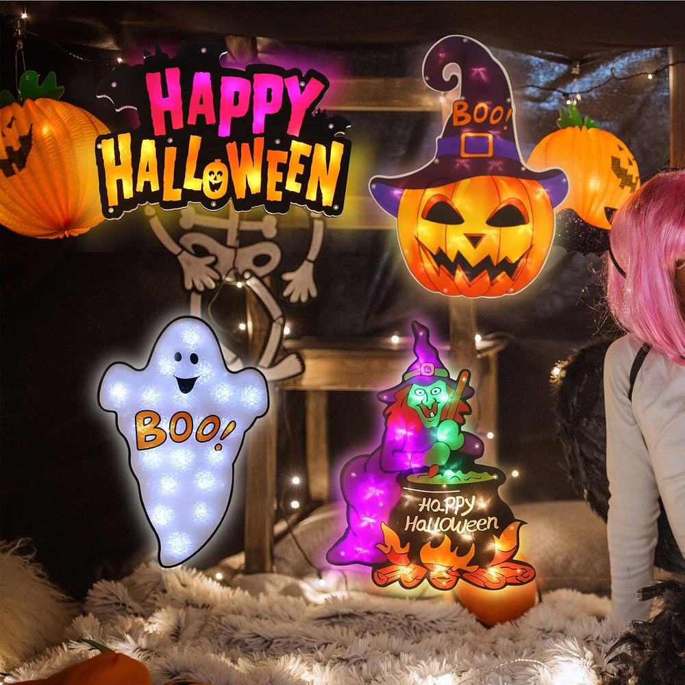 LAMPHOME 4 Pack LED Lighted Ghost,HappyHalloween Sign,Witch,Jack-O-Lantern Ha...