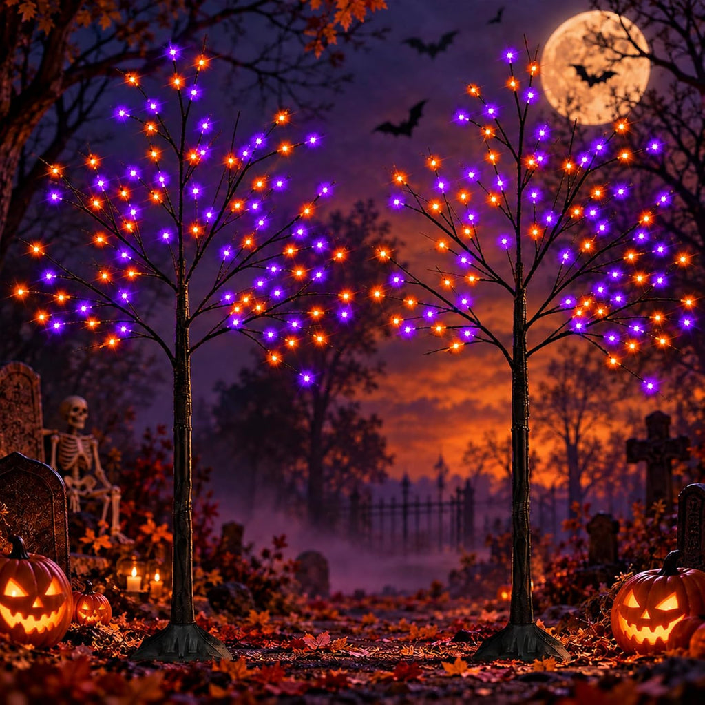 2Pack 5FT 200LED Black Halloween Tree with Purple and Orange Lights