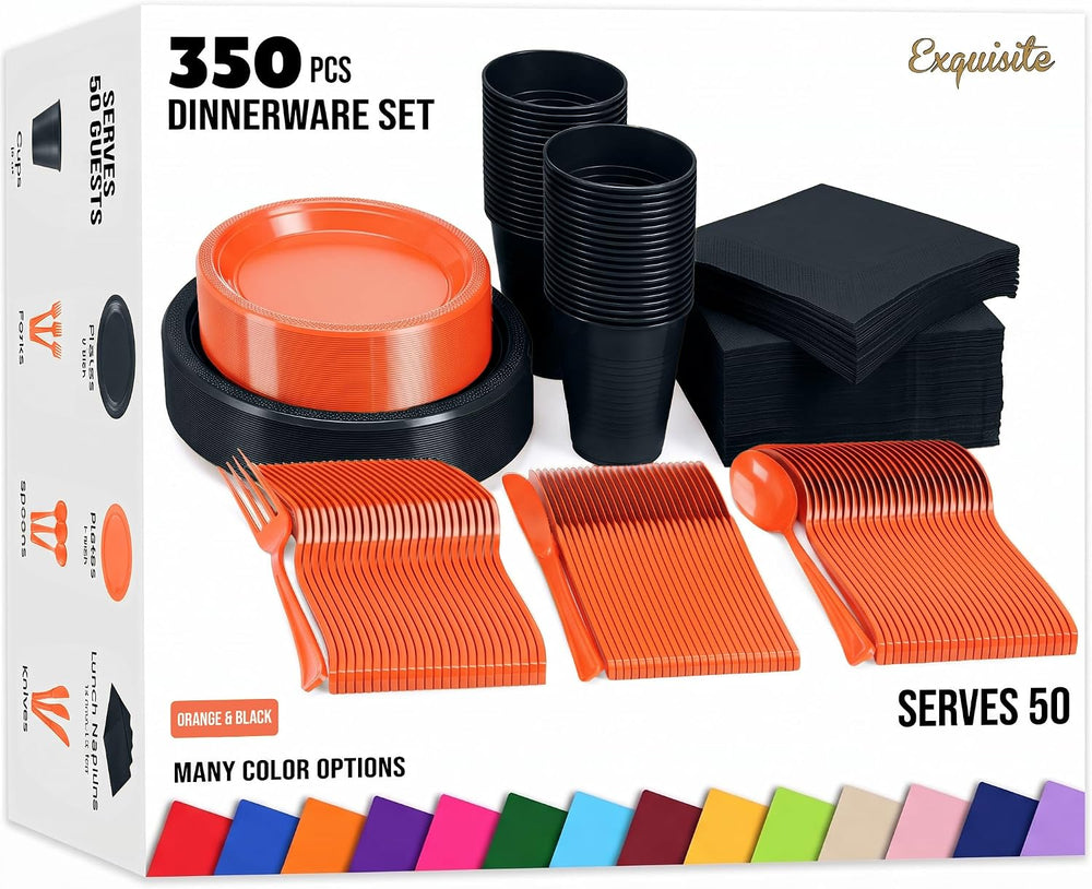 Exquisite 350 Pcs Orange & Black Plates & Napkins Party Plate Set