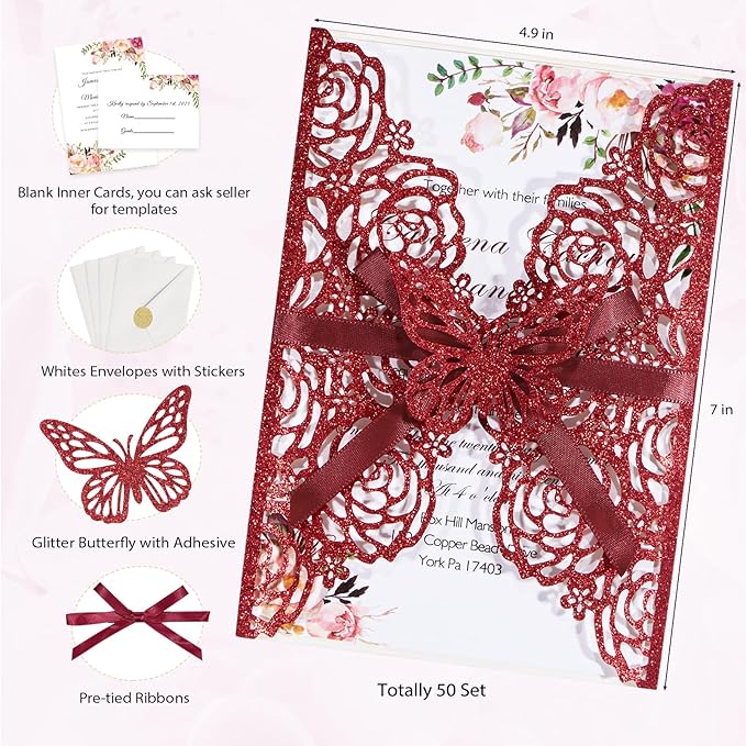 50pcs Burgundy Glitter Wedding Invitation Butterfly Rose Laser Cut Invitation Sleeve with Personalized Invitations Card, White Envelopes, for Wedding Bridal Shower Engagement (Default Blank Card)