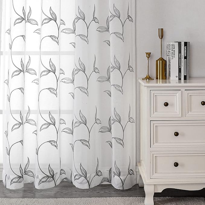 VISIONTEX Sheer Curtains 72 Inch Length 2 Panels, Decor Iron Grey Vine Leaves Embroidery on White Voile Pair, Accent Semi Window Drapes for Kitchen, Living Room and Bedroom, 54" W x 72" L