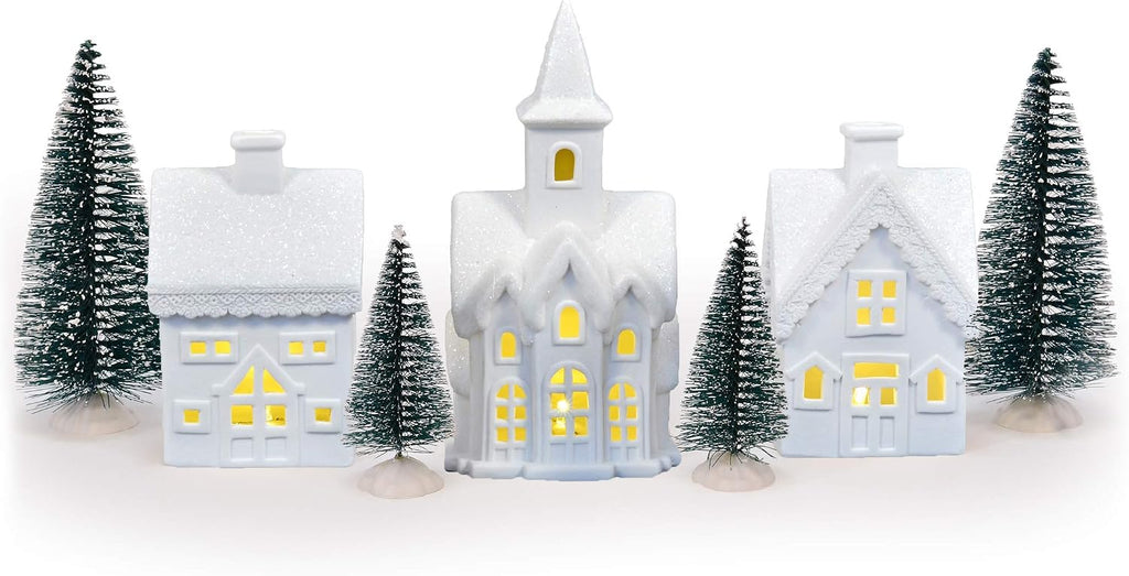 Mark Feldstein White Porcelain Christmas Village Figurines, 7 Pc, 5 in