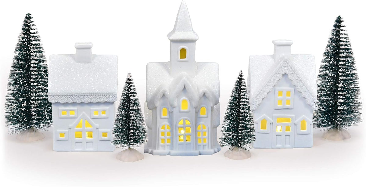 Mark Feldstein White Porcelain Christmas Village Figurines, 7 Pc, 5 in