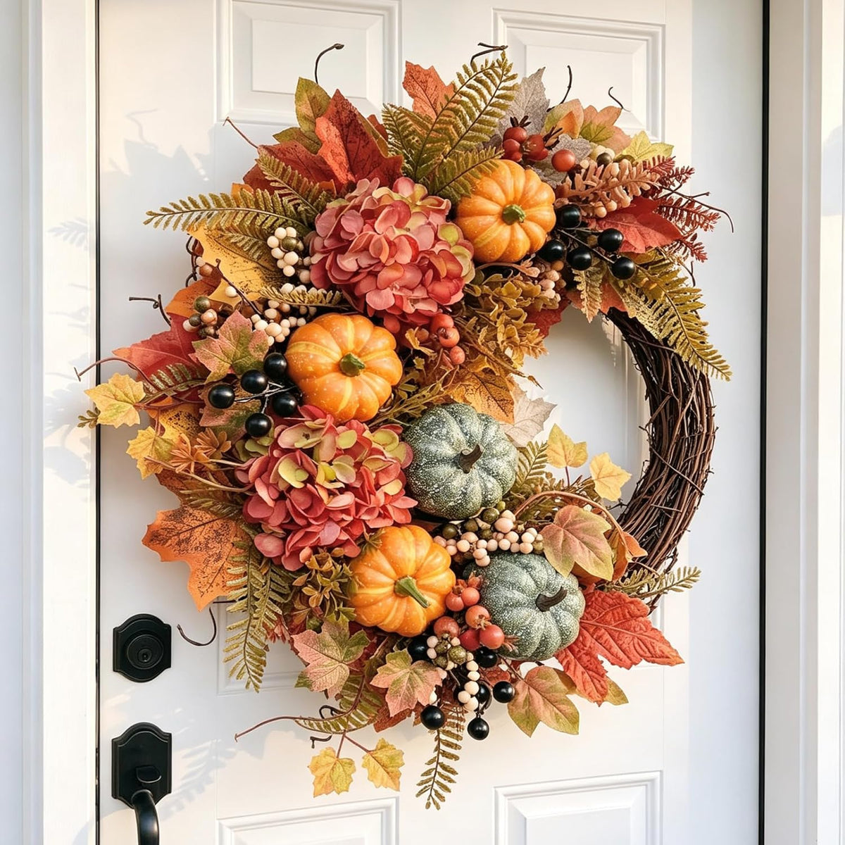 Fall Wreaths for Front Door, Artificial Pumpkin Hydrangea Autumn Wreath