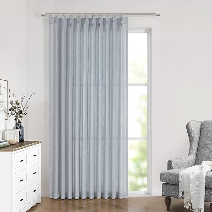 Vision Home Blue Grey Pinch Pleated Semi Sheer Curtains Textured Linen Blended Light Filtering Window Curtains 84 inch for Living Room Bedroom Patio Pinch Pleat Drapes with Hooks 1 Panel 60" Wx84 L