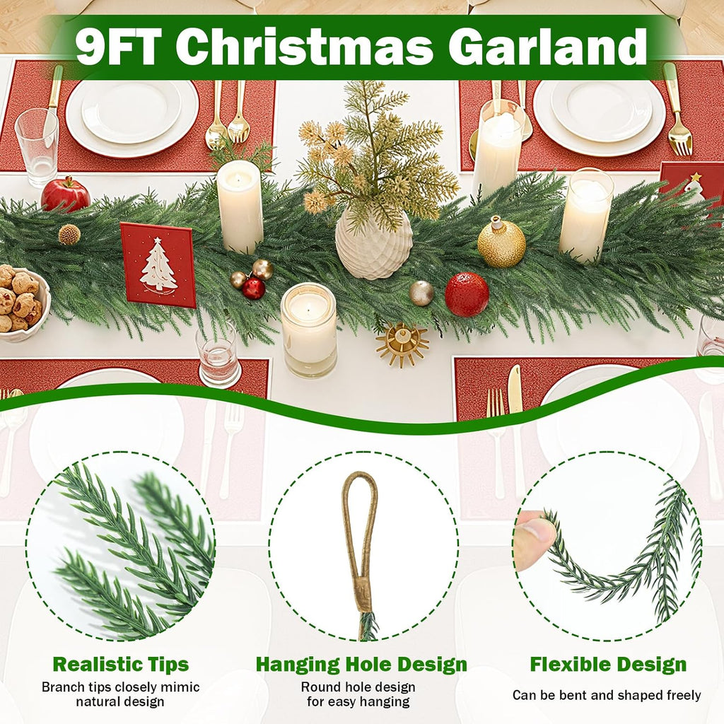 2 Pcs 9FT Artificial Norfolk Pine Garlands, Real Touch Thick Christmas Norfolk Greenery Garland for Mantle Banister Dinner Table Decor