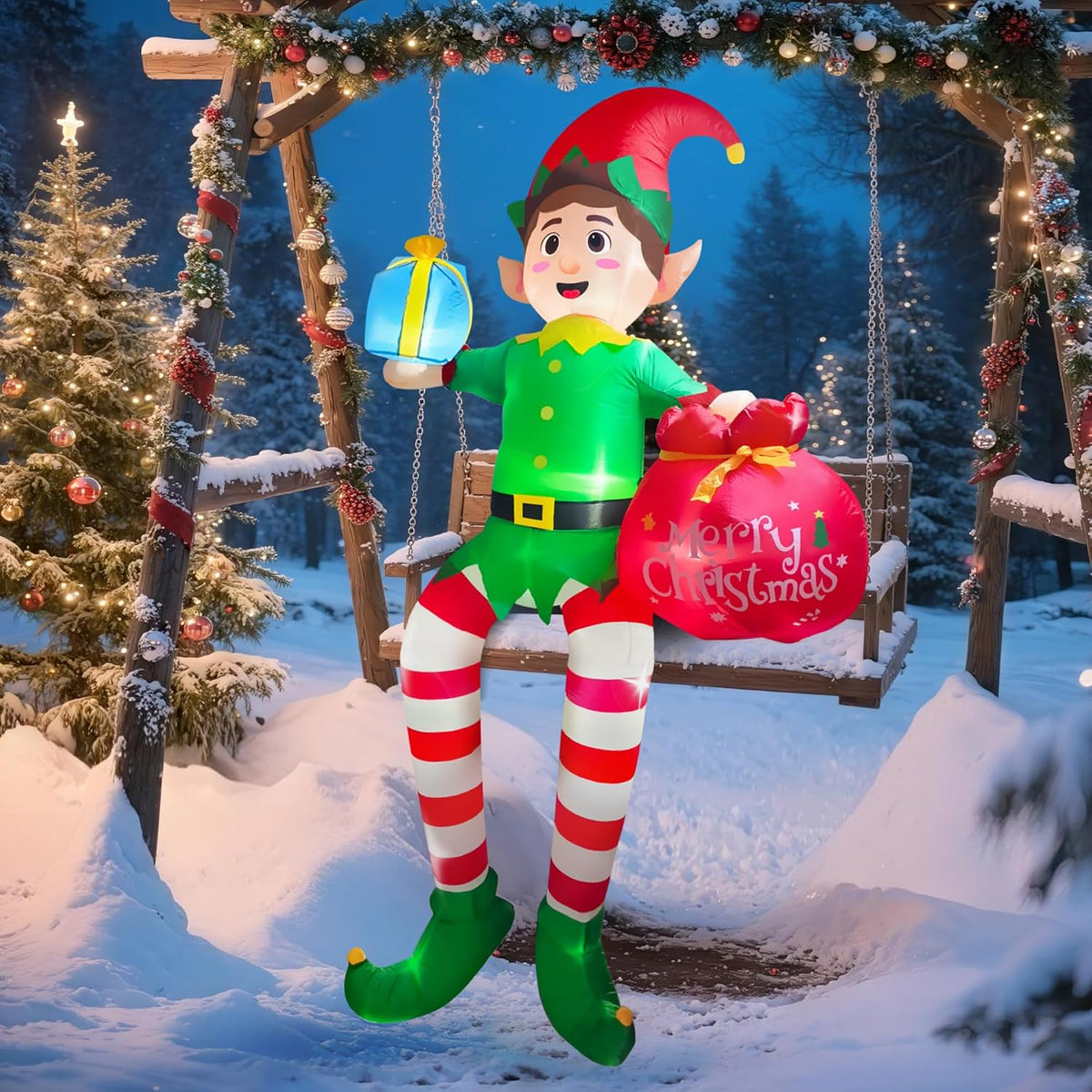 10FT Christmas Inflatable Outdoor Decoration, Sitting Elf Holding Gift Bag Christmas Blow up Yard Decorations with Built-in LEDs, Buddy the Elf Inflatable for Lawn Garden Roof Xmas Roof Decor