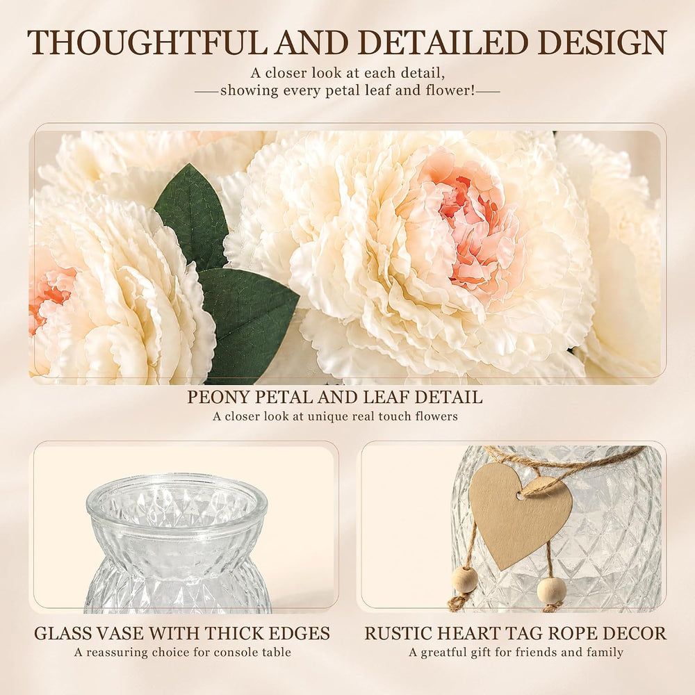 Peonies Artificial Flowers in Vase for Farmhouse Shelf Decor, White&Pink
