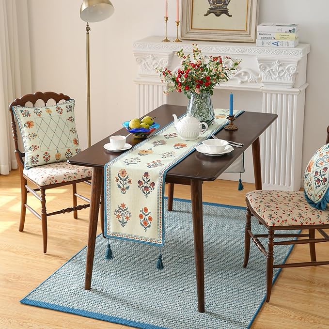 ISAENNE Designer Light Green Linen Table Runner 71 Inches Long,French Floral Patterns Elegant Table Runner for Dining Tables,Thanksgiving,Kitchen Tables,Christmas,12"*71"-Floralsea B