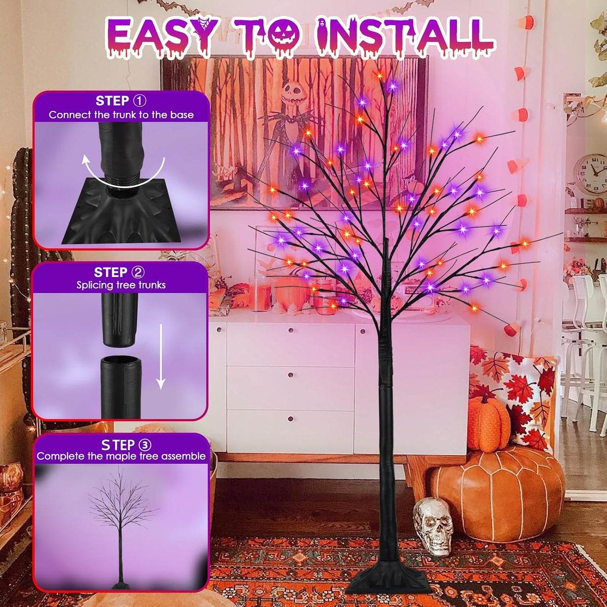 6ft lighted black halloween tree with 288 led, side view