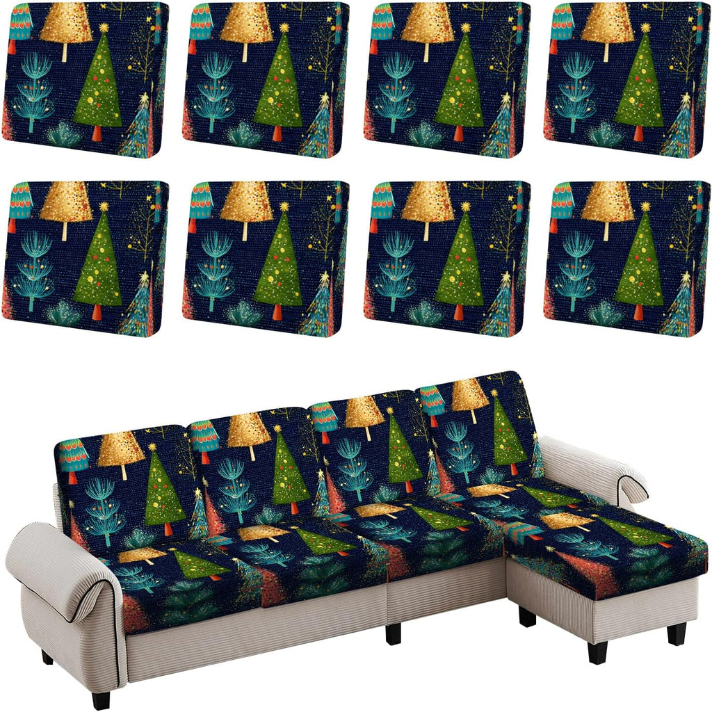 Colorful Christmas Tree Seat Cushion Cover Set, Holiday Painted Tree Sofa Cushion Slipcover, Stretch Couch Seat Protector with Elastic Bottom,8PC