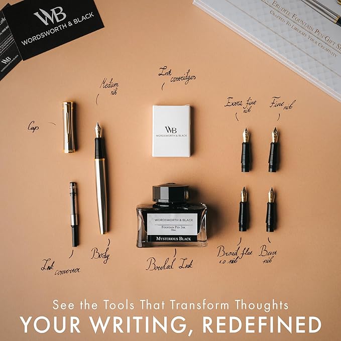 Wordsworth & Black Fountain Pen Gift Set, Includes Ink Bottle, 6 Ink Cartridges, Refill Converter, 4 Replacement Nibs, Premium Package, Journaling, Calligraphy, Smooth Writing Pens [Silver Gold]