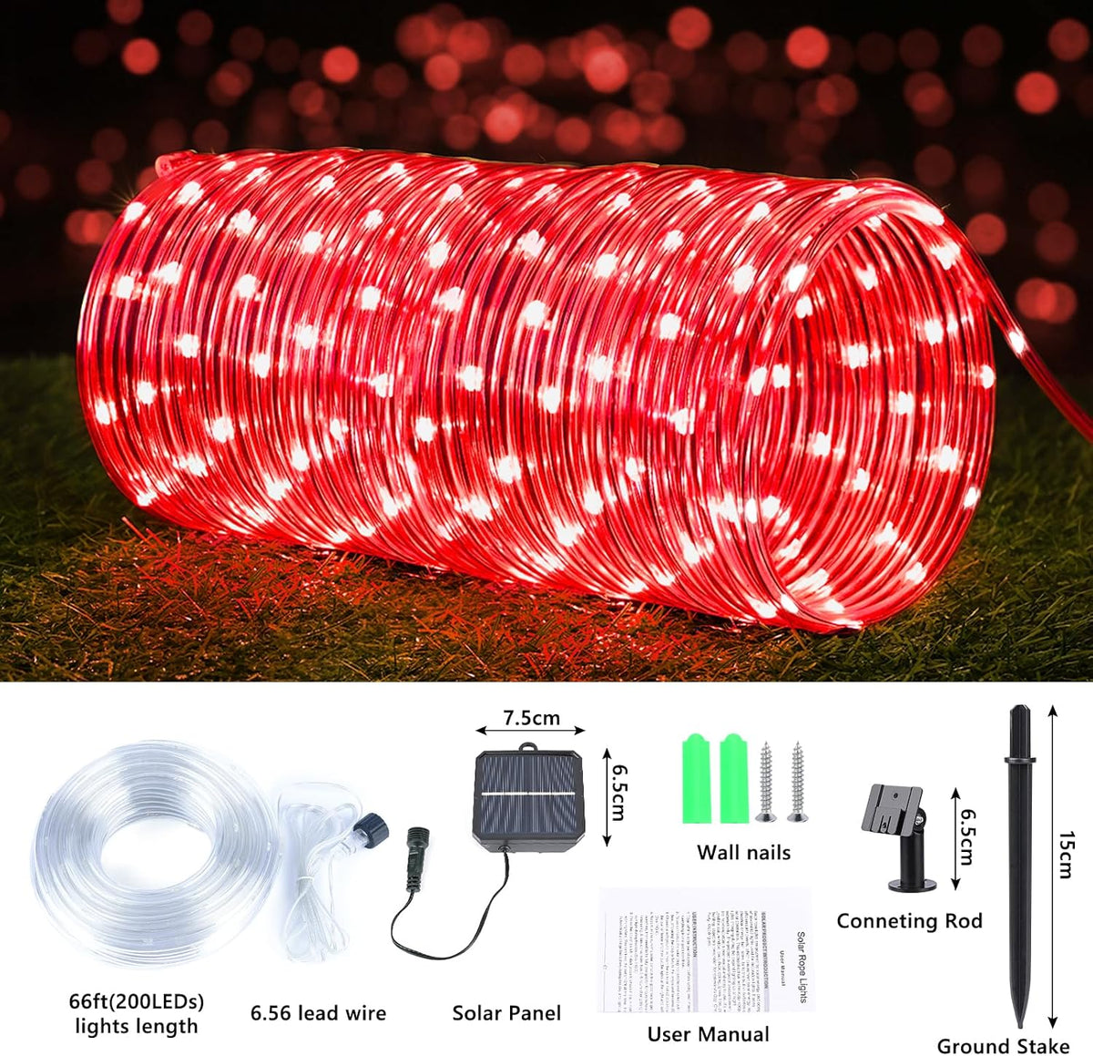solar rope lights, 2 packs total 132ft 400led, close-up detail