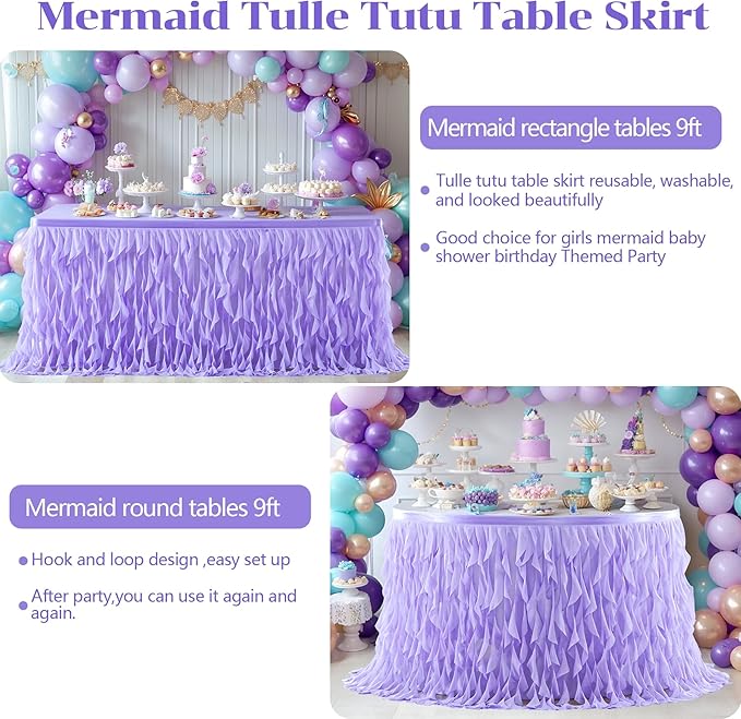 PARTISKY Lavender Purple Tulle Curly Willow Table Skirt for Rectangle Table 9ft, Ruffle Tutu Table Cloth for Girls Boys Baby Shower,Mermaid Birthday Party