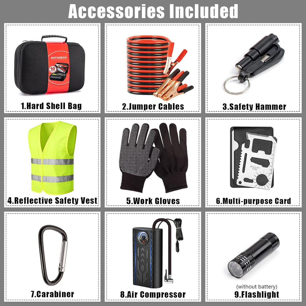 Car Roadside Emergency Kit, Portable Auto Air Compressor Tire Inflator, Jumpe...