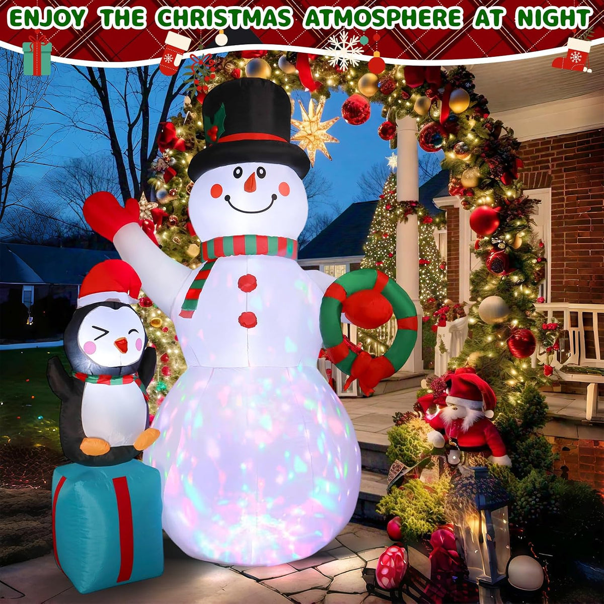 7FT Christmas Snowman Inflatables Decoration with LED Lights, Blow Up Outdoor Decoration for Christmas Party, Holiday Xmas Inflatables Present, Great Decor for Outhouse Lawn Yard Garden