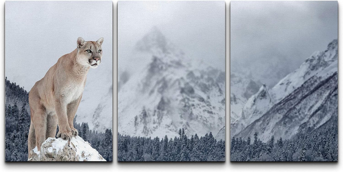 SIGNFORD Canvas Print Wall Art Set Mountain Lion in the Snowy Forest Animals Wilderness Mixed Media Modern Art Contemporary Scenic Dramatic Cool for Living Room, Bedroom, Office - 24"x36"x3