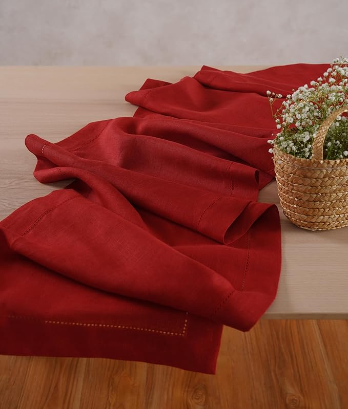 Linen Table Runner 14 x 72 Inch Long - 100% Pure Linen Christmas Red Table Runner - Cloth Fabric Hemstitch Runner for Thanksgiving, Christmas, Winter, New Year - Elara