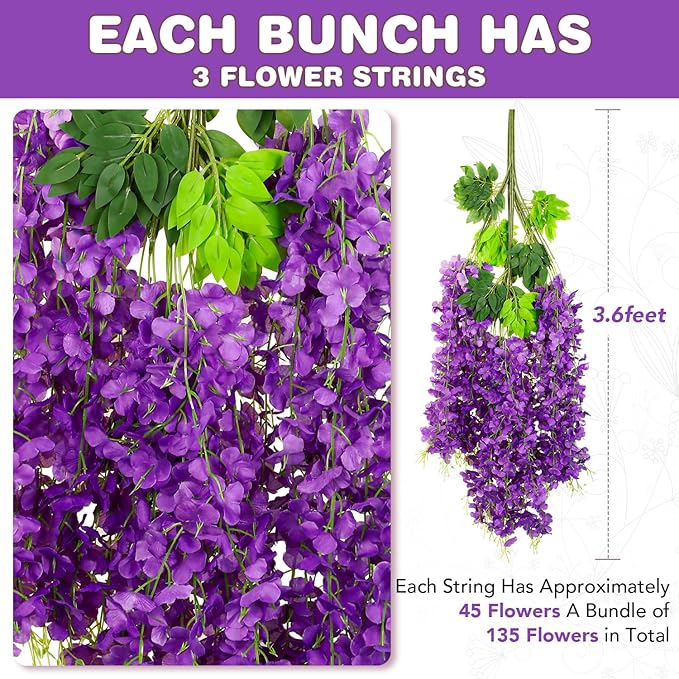Wisteria Hanging Flowers,Fake Hanging Flowers,Wisteria artificiales Garland for Home Wedding Arch Floral Party Garden Ceremony Outdoor Decor,3.6 feet Long(36,Purple) (36 Pack)