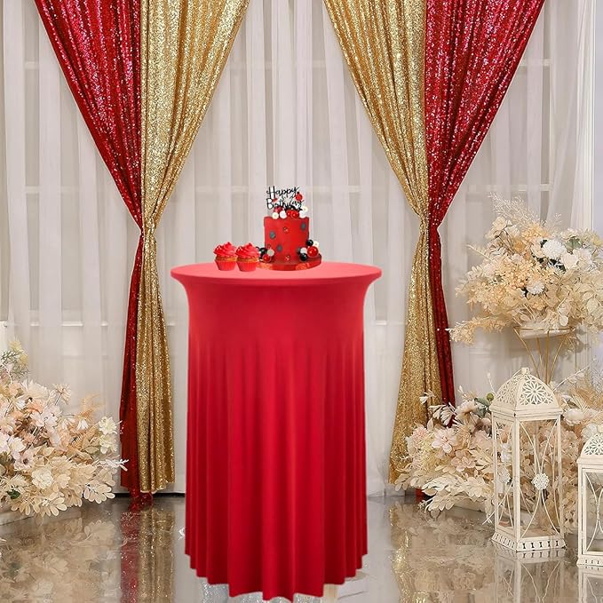 Albassa 4 Pack Cocktail Table Covers 32"x 43" Spandex Stretch Round Cocktail Tablecloths with Wavy Drapes Fitted High Top Bar Table Skirt for Wedding Party Banquet (Red, 4 PCS)