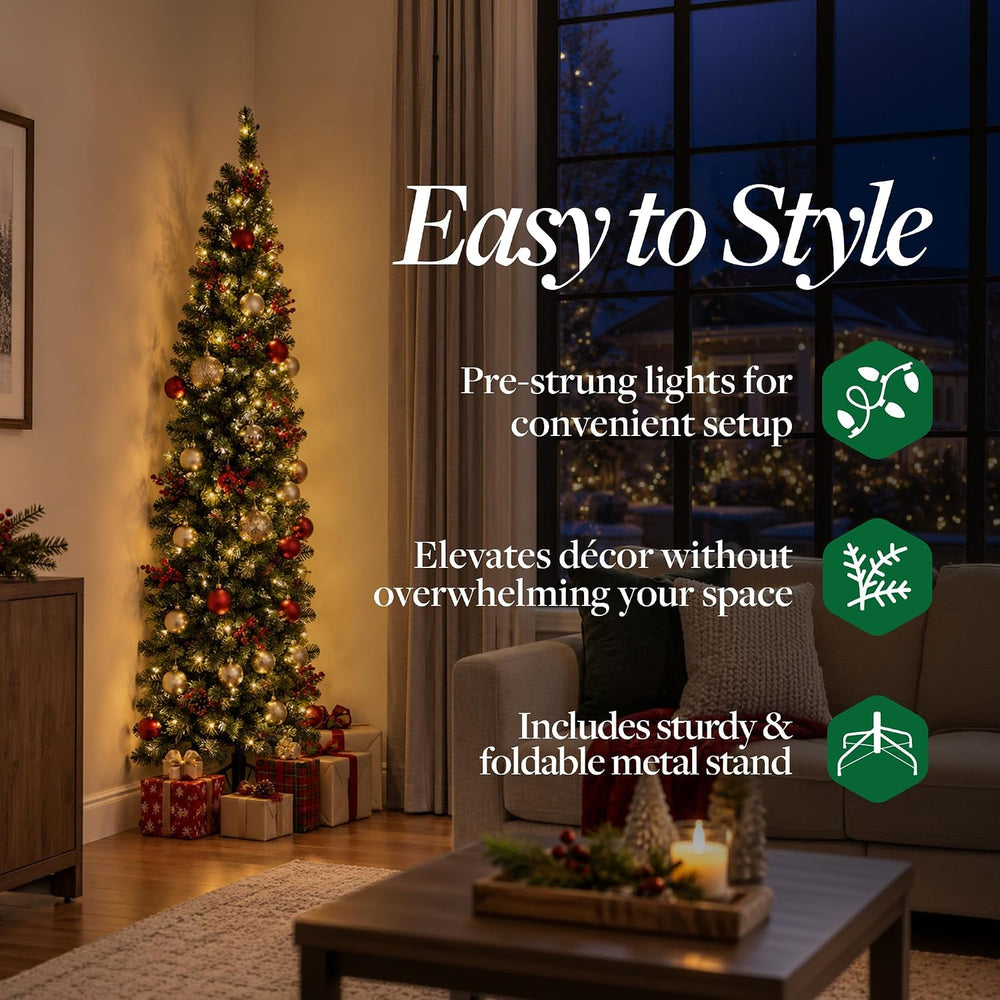 7ft Pre-Lit Christmas Tree – Artificial Half Pine with 150 Warm White LED Lig...