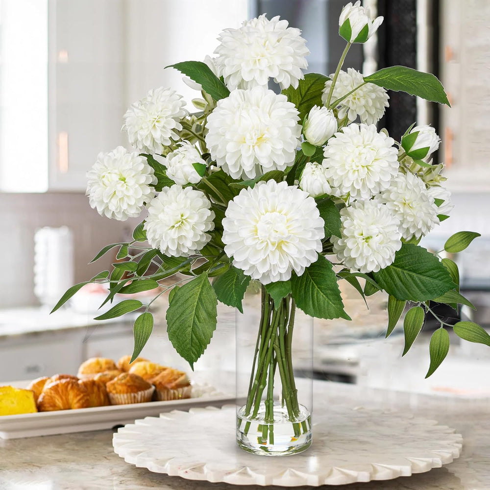 Hollyone White Fake Flowers in Vase Dahlia Artificial Flowers in Glass Vase w...