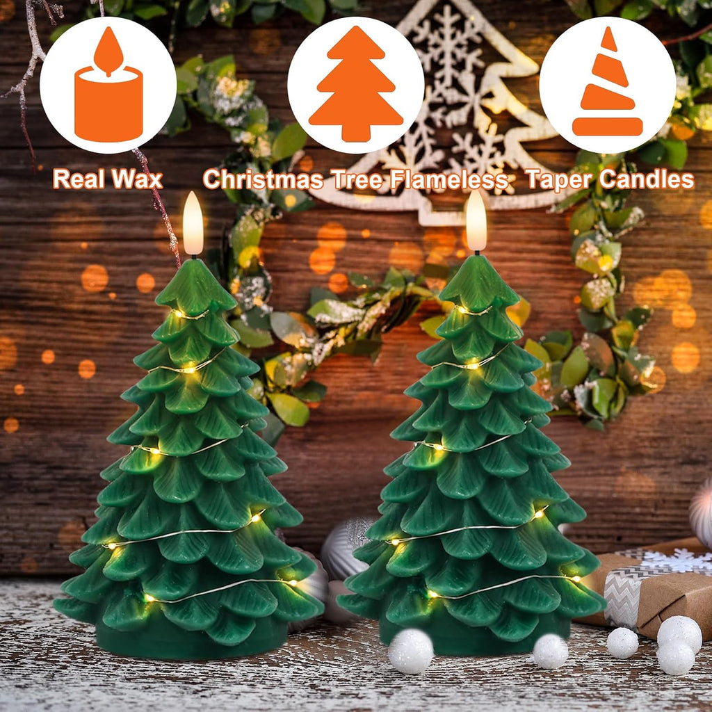 GenSwin Christmas Tree Flameless Candles, Christmas LED Taper Candles with Remote Timer and 3D Flame, 2 Pcs Green LED Pillar Candlesticks with String Lights for Christmas Home Decoration(3” x 7.1”)