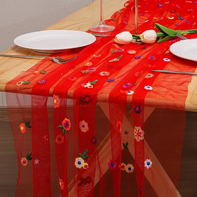 BINBE 3pcs Daisy Fall Table Runner Embroidery Gauze 10FT Florals Seasonal Tulle Holiday Birthday Kitchen Dining Table Decor for Home Party Red