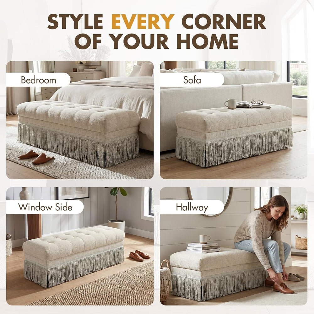 47-Inch Chenille Ottoman Bench Vintage Tufted Fringe Design Beige