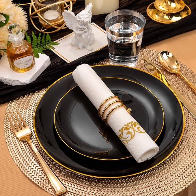 Supernal 350pcs Black & Gold Plastic Dinnerware Set, Elegant Black Plates with Golden Edges, Gold Plastic Silverware, Durable Tableware Perfect for Birthdays, Parties, Wedding, Celebration