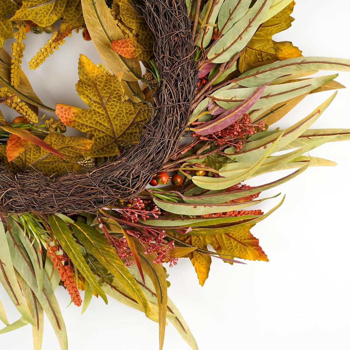 olive wreath for front door 22 inch, greenery, side view