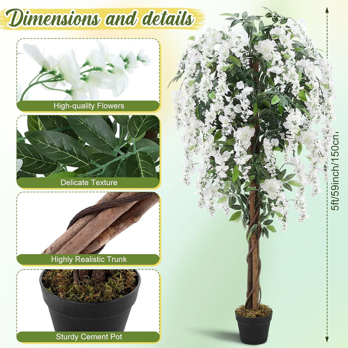 5ft artificial wisteria tree, tall faux flowering plant shown in use