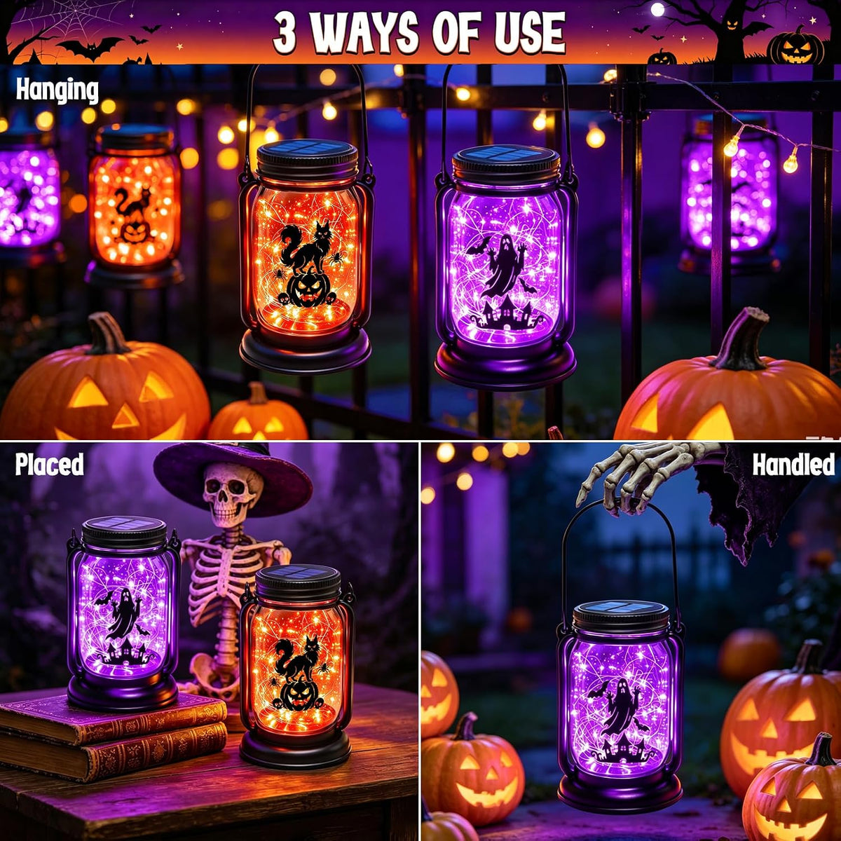 Halloween Solar Lanterns-Ghost &Cat Pumpkin Decor Hanging Mason Jar Lights