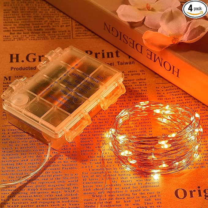 4 Pack 65.6 Ft. Battery Operated Outdoor String Lights with Remote & Timer, LED Orange Fairy Lights, Waterproof Twinkle Lights for Bedroom, Dorm, Mason Jar, Wedding, Party, Christmas