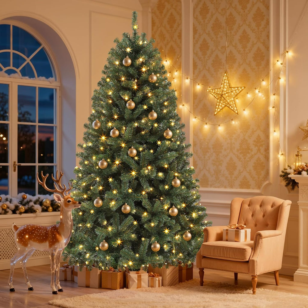 DWVO 6FT Pre-Lit Artificial Christmas Tree Green 1000 Tips 250 LED Lights